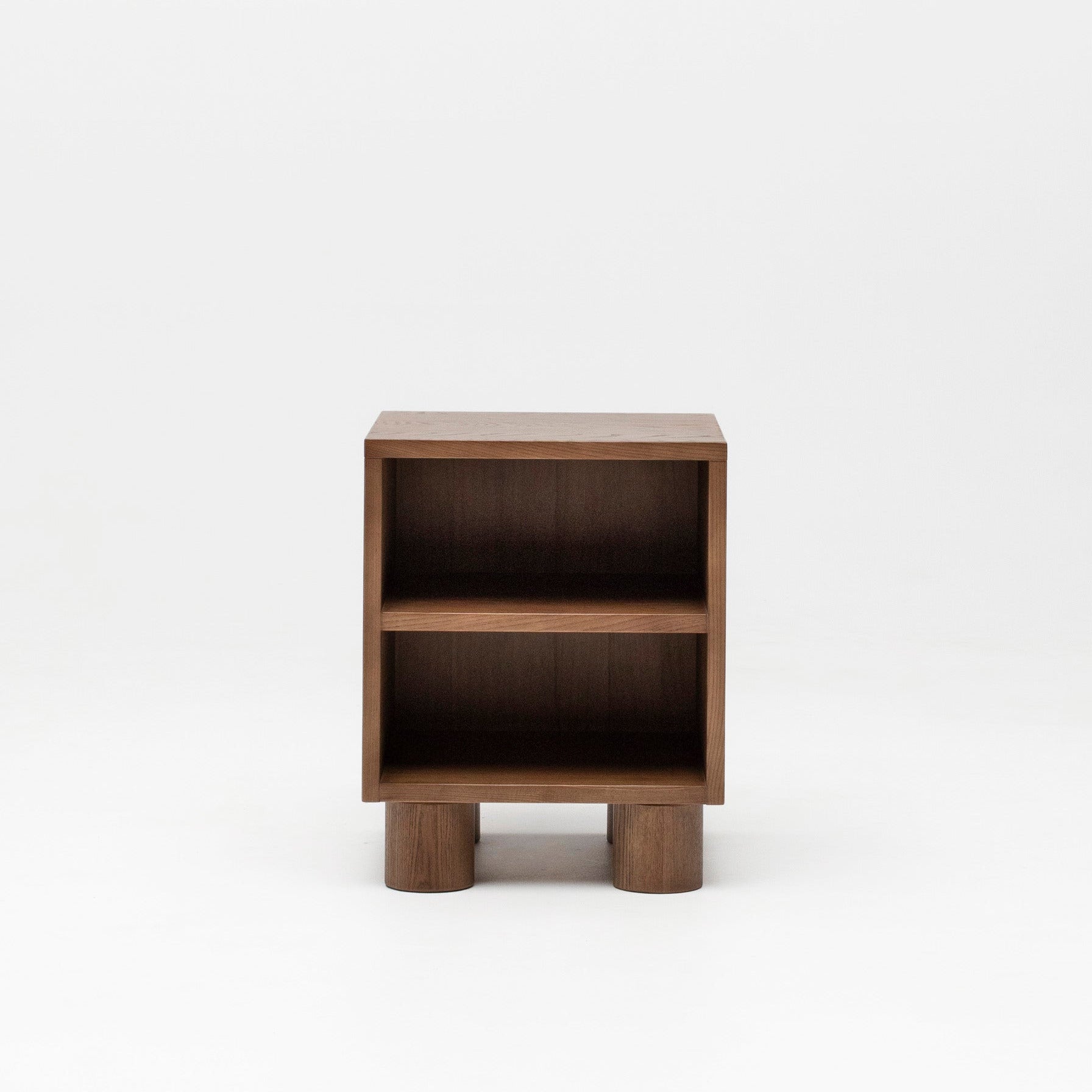 Wooden side table with two shelves on a white background