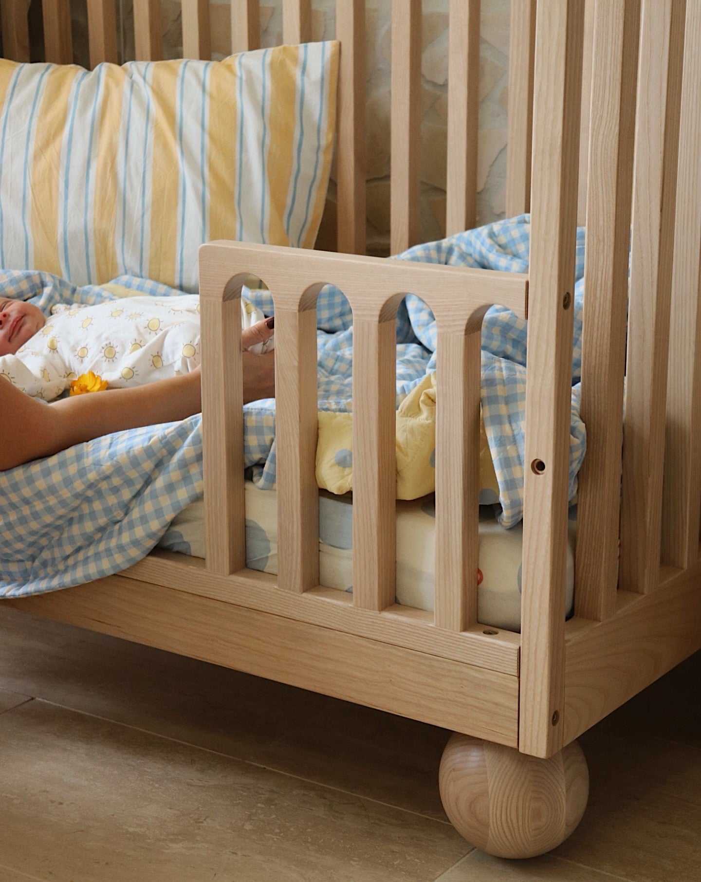 Solid wood Zali Ashwood Baby Cot with cotton linen