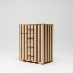 Side angle view of Vida Tallboy Buffet showing the alternating Walnut and Ashwood stripe design on a white background.