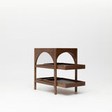 Yoli Walnut Baby Change Table side angle showing storage trays or drawers open 