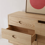 View of an open drawer in the Zali Ashwood Buffet showing deep draw depth and smooth close